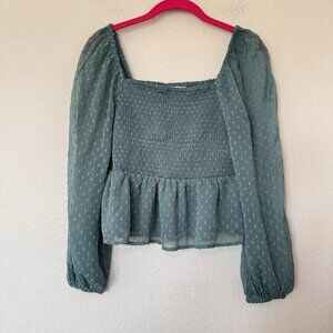 American Eagle Green Smocked Peplum Top Long Sheer Sleeve Size Small